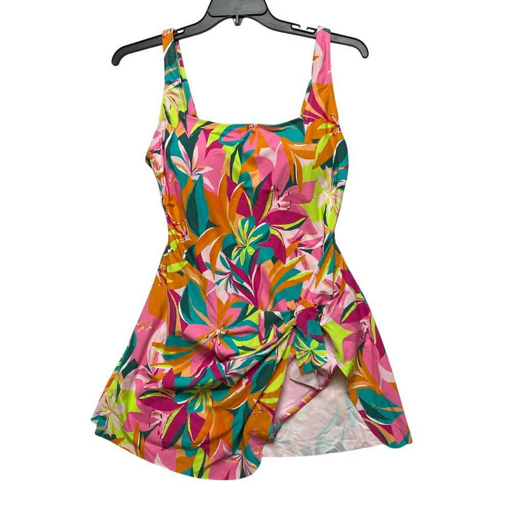 Anne Cole Floral Swim Dress OnePiece Swimsuit Multi Color Tropical UPF 50+XL NWT - Picture 2 of 8